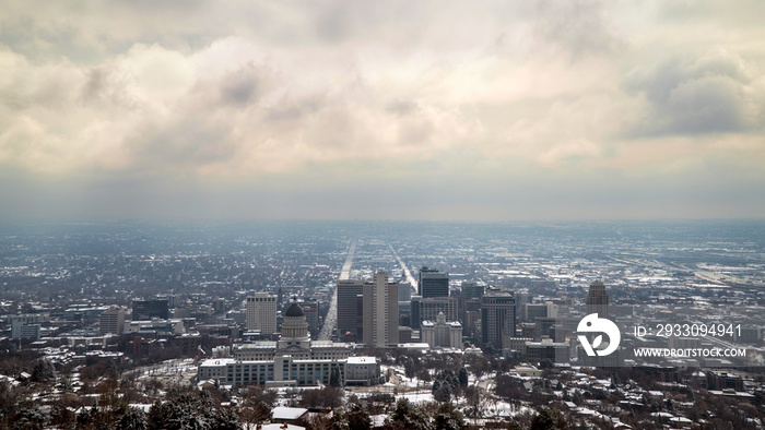 Overlooking Salt Lake City on cloudy day looking towards downtown from Ensign Peak.