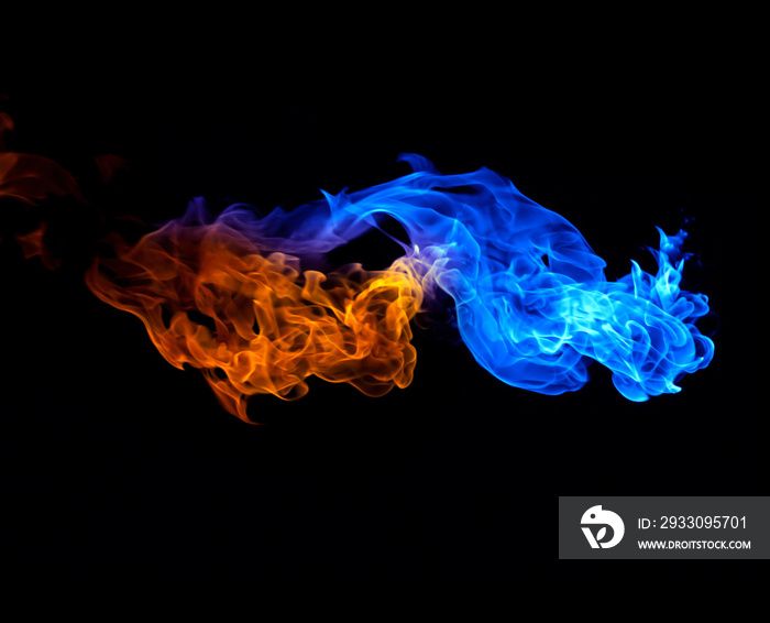 Red and blue fire smoke isolated on black background.