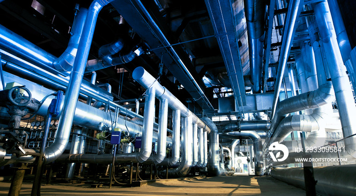 Industrial zone, Steel pipelines and cables in blue tones