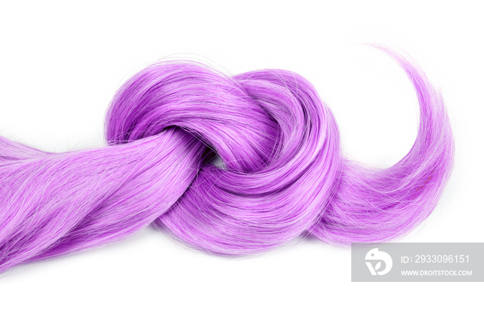 Purple hair lock tied in knot. Strand of violet hair isolated on white background, top view. Hairdresser service, hair strength, haircut, dying or coloring, hair extension, treatment concept.