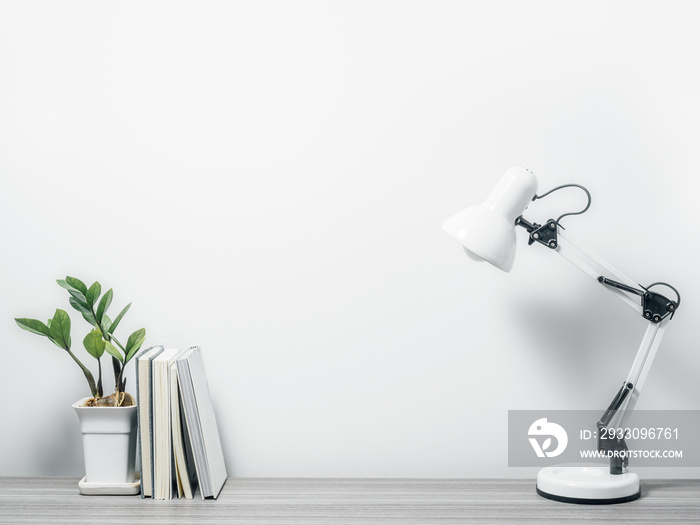 Workspace with book, tree pot and table lamp with living room white wall