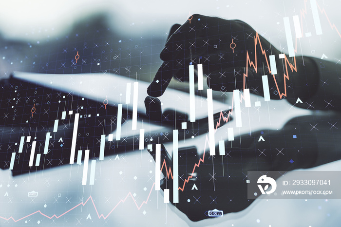 Double exposure of abstract creative financial chart with finger clicks on a digital tablet on background, research and strategy concept