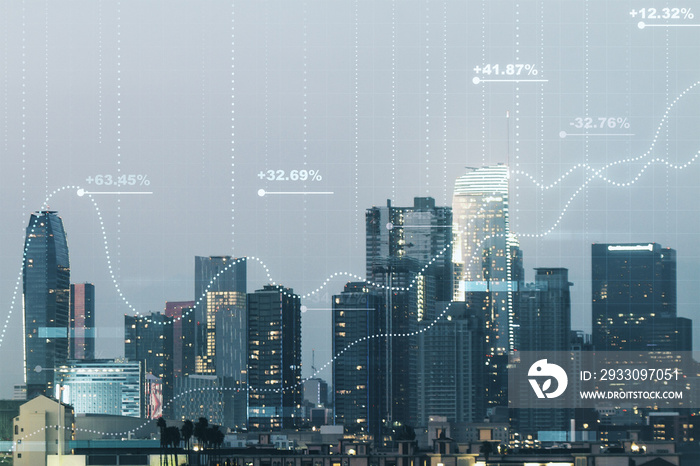 Multi exposure of stats data illustration on Los Angeles city skyline background, computing and analytics concept