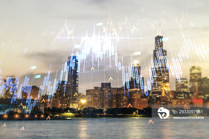 Double exposure of abstract creative financial chart hologram and world map on Chicago city skyscrapers background, research and strategy concept