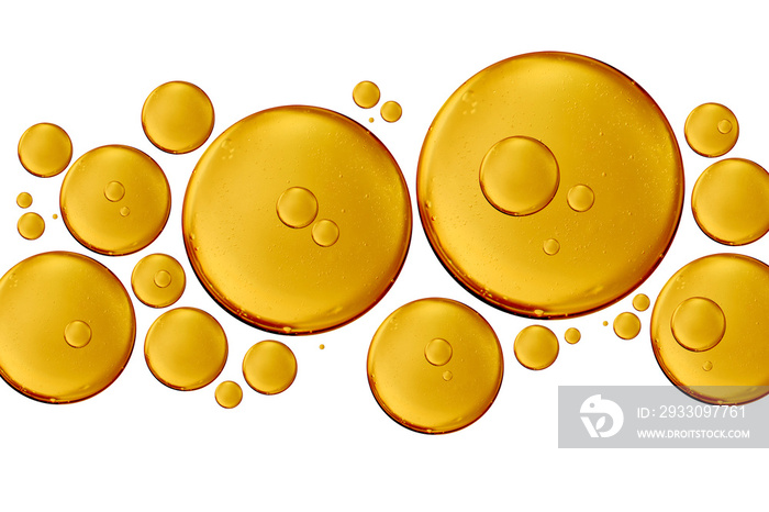 golden yellow bubble vitamin oil or serum isolated on white background. cosmetic or spa ingredient concept