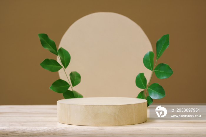 empty circle wood texture floor podium with space mock up blurred beige background.cosmetic beauty natural product show promotion present minimal scene display modern advertising. design.