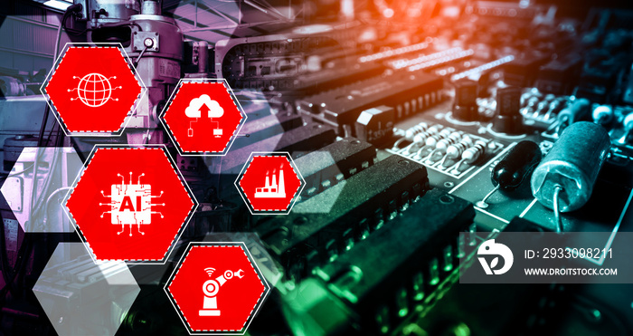 Industry 4.0 technology concept - Smart factory for fourth industrial revolution with icon graphic showing automation system by using robots and automated machinery controlled via internet network .