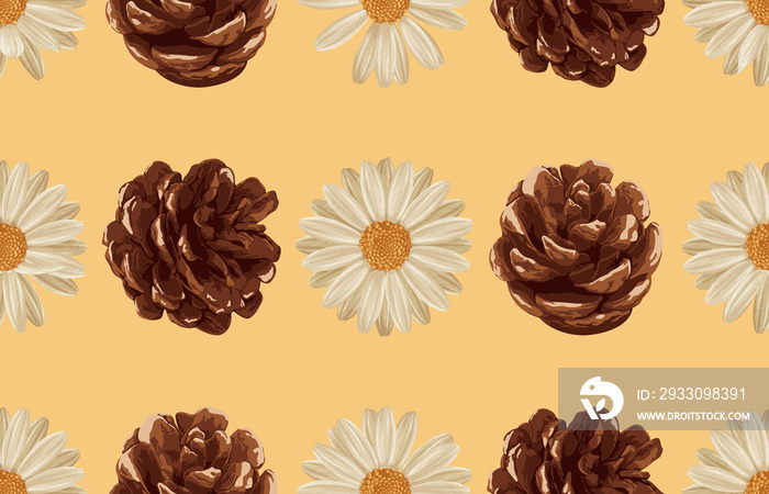 Printable seamless vintage autumn repeat pattern background with daisies, and pine cones. Botanical wallpaper, raster illustration in super High resolution.