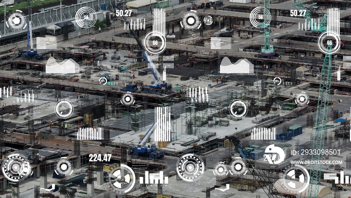 Construction technology concept with alteration graphic over construction site showing concept of automation and remote wireless machine control by using futuristic HUD in a computer software .