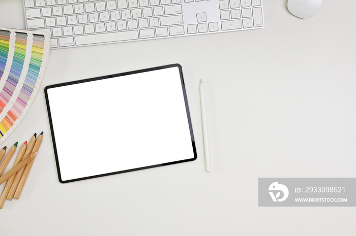 Top view, flat lay of minimal workspace on white table background with digital tablet mockup.