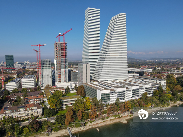 Drone view at the Roche industry towers at Basel on Switzerland