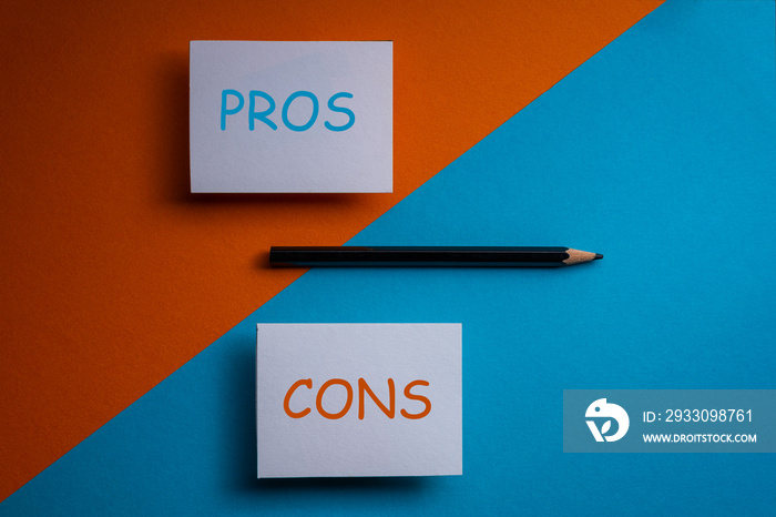 pros and cons decision making background ,for and against on blue and orange graphic background .