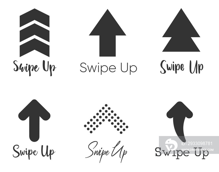 Swipe up, set of buttons for social media. Arrows, buttons and web icons for advertising and marketing in social media application.