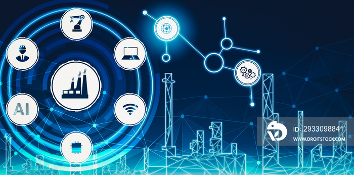 Industry 4.0 technology concept - Smart factory for fourth industrial revolution with icon graphic showing automation system by using robots and automated machinery controlled via internet network .