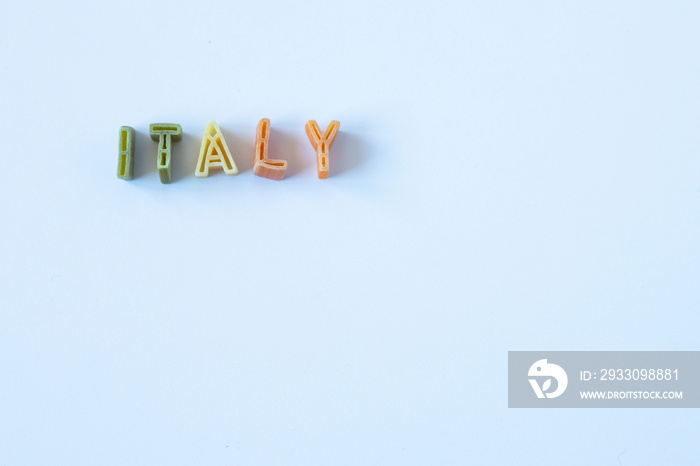 The word  Italy  composed with real pasta letters