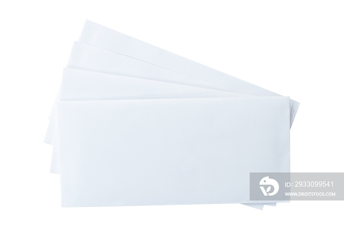 A pile of letters or white envelopes isolated on white background. Letter top view. Object with clipping path