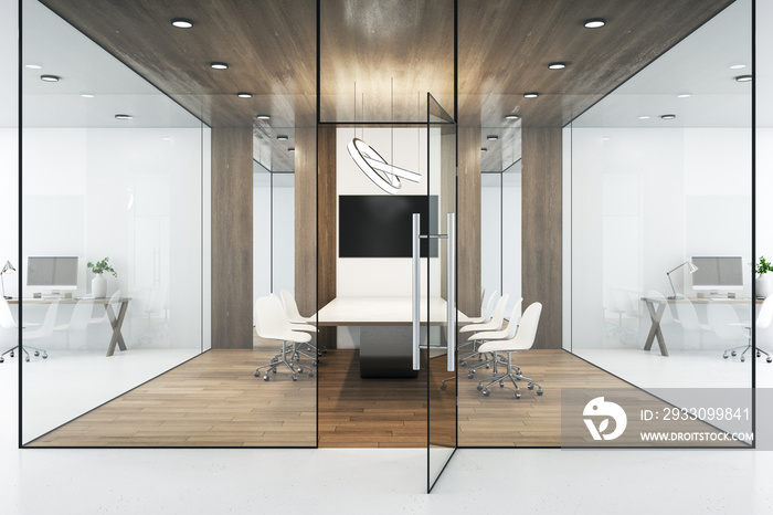 Front view on conference room with black tv screen above white table, wooden floor and glass walls around