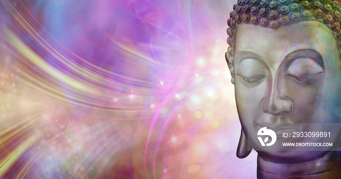 A moment of beautiful inspiration - buddha head against a vibrant multicoloured sparkling glowing ethereal energy formation background with copy space