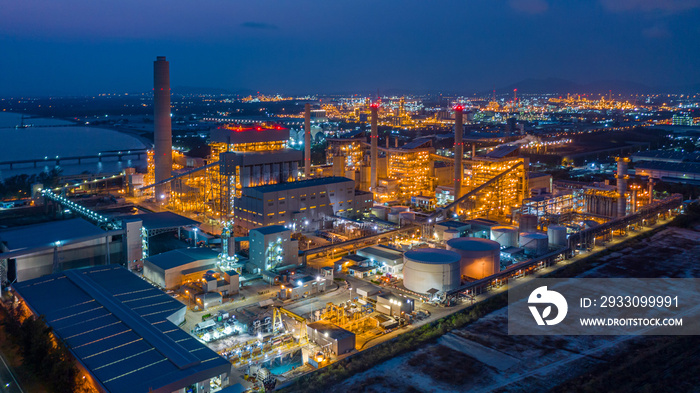 Aerial view power plant, petrochemical plant at twilight