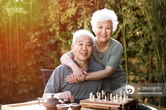 老年夫妇在院子里下棋