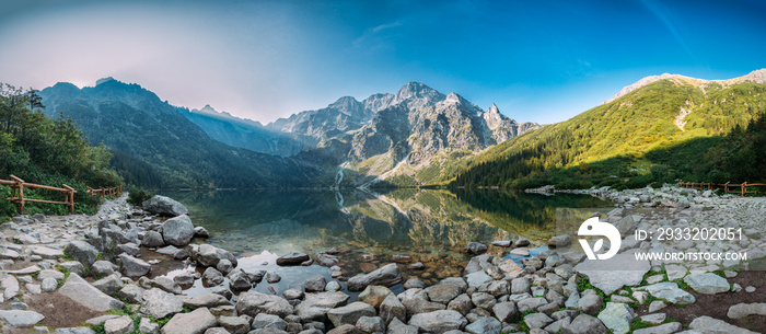 Tatra National Park, Poland. Panorama Famous Mountains Lake Morskie Oko Or Sea Eye Lake In Summer Mo