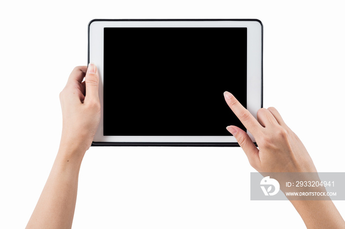 Hands holding tablet horizontal on white background. clipping pa