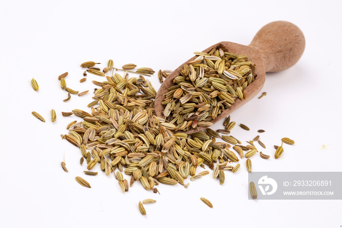 A bottle of fennel essential oil with fresh green fennel twigs and fennel seeds in the background