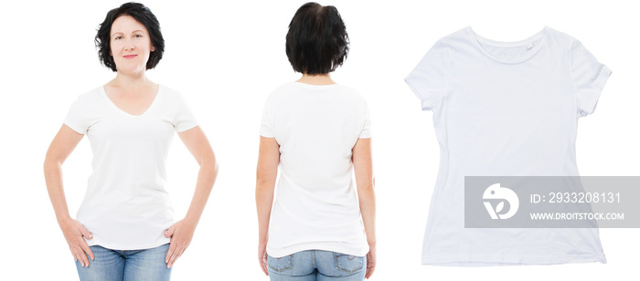 中年女性穿着白色背景时尚t恤的正面和背面视图。设计实物模型