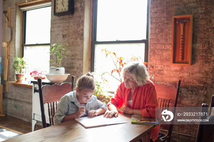 Grandmother doing homework of her granddaughter at home