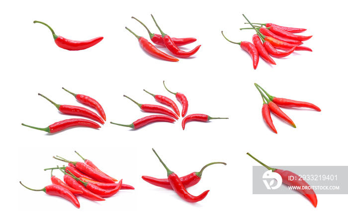 set of red hot chili peppers isolated on white