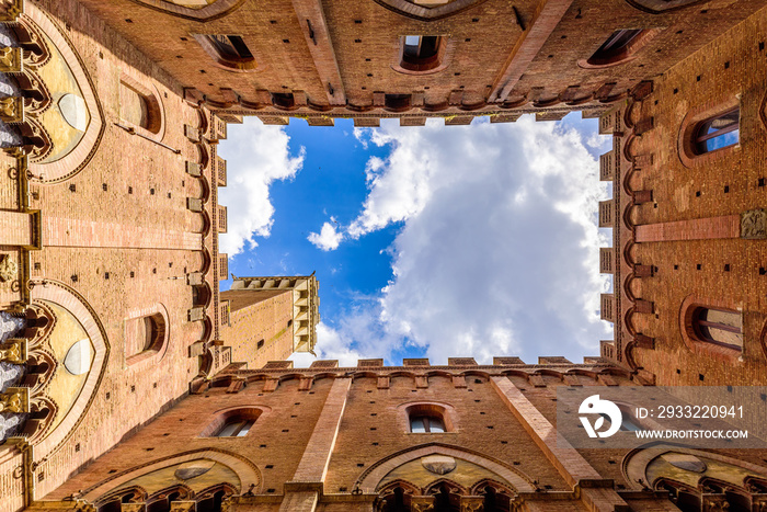 Siena - View from inside the Palazzo Pubblico at Piazza del Campo - old historic city in Italy