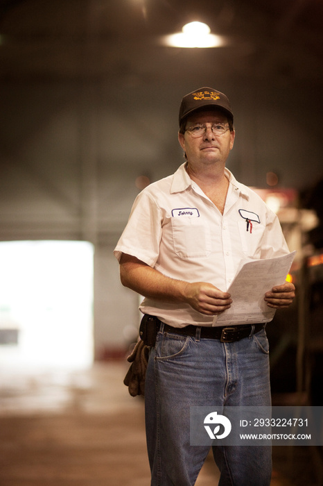 Mature worker holding document in warehouse