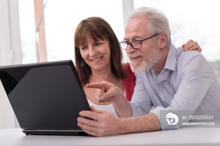 Happy mature couple using laptop