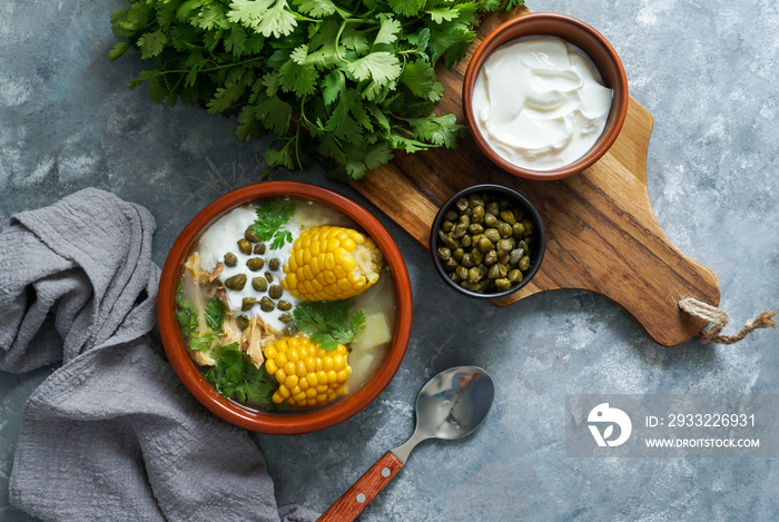 Ajiaco Colombiano.   patato soup common in Colombia, Cuba and Peru. Latin America