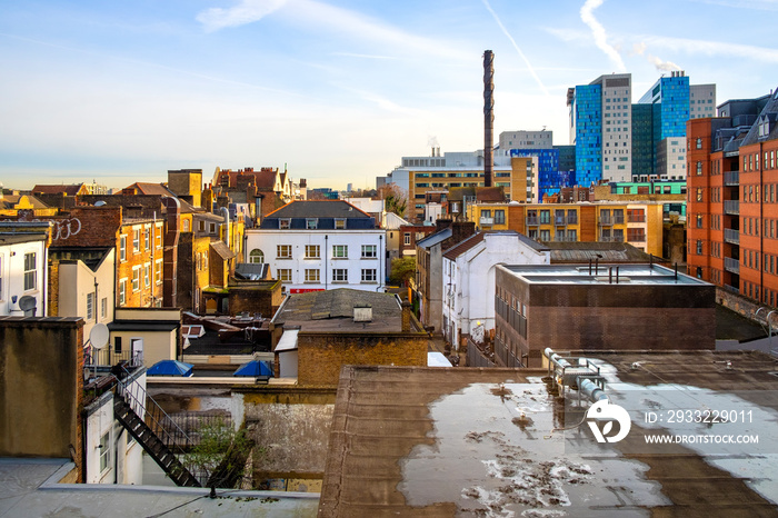 London, United Kingdom - Panoramic view of the Whitechapel district of East London with fusion of tr