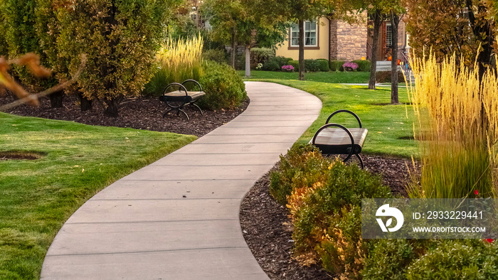 Panorama Paved walkway through a landscaped garden day