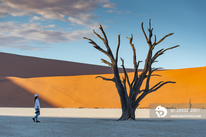 年轻的亚洲女摄影师和旅行者站在deadvlei（Sossuvlei）的枯树旁