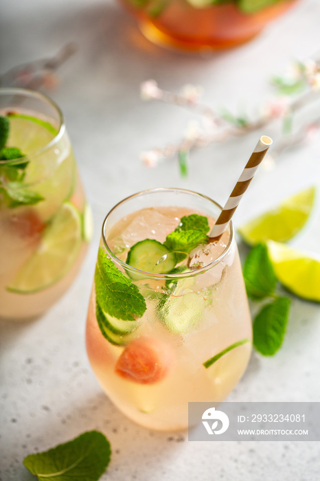 Watermelon and cucumber white wine sangria, refreshing spring or summer cocktail