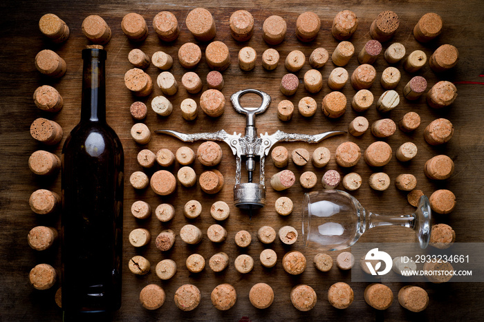 不同尺寸的葡萄酒软木塞、一个开瓶器、一瓶葡萄酒和一个在旧木表面上射出的玻璃杯