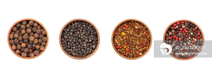 Pepper mix. Black, red, green, white and all spice peppercorns isolated on white background.