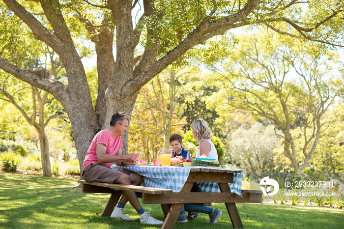 Happy family interacting with each sited in a park