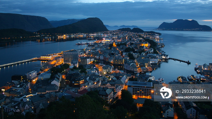 Vue Panoramique Aalesund Norvège Coucher de Soleil - Panoramic View Ålesund Norway Sunset