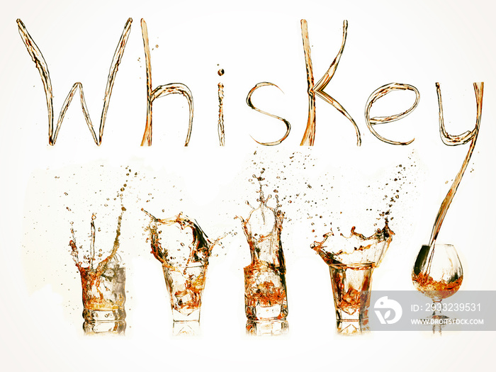 text Whisky made from splashes of drink with set of glasses shots with splashes on white background