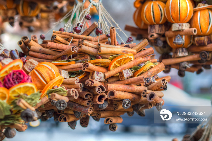 traditional christmas market decoration, kiosk full of cinnamon