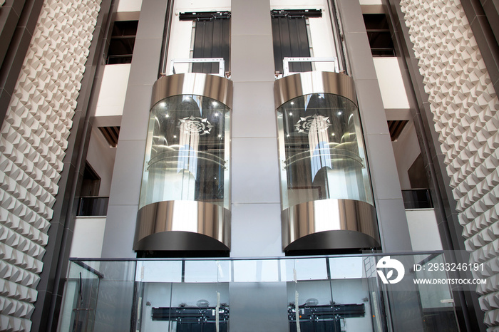 Inside a modern elevator shaft.