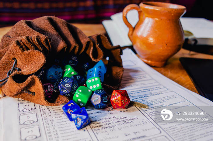 Dice bag filled with multicolor dice