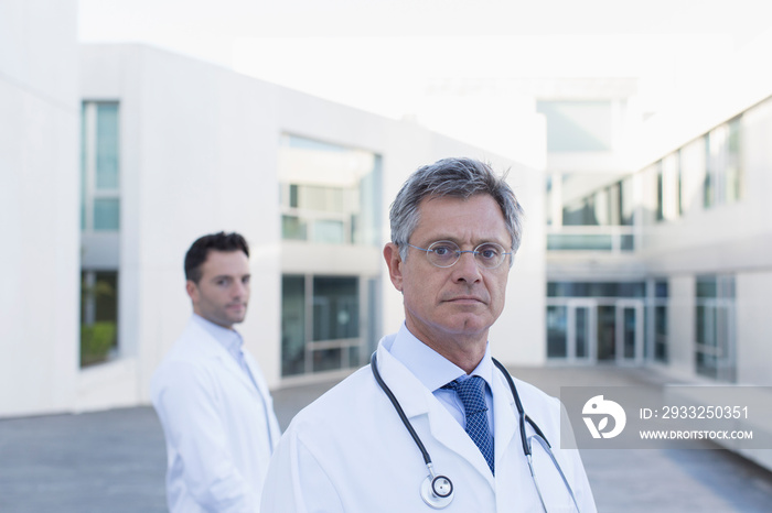 Portrait confident male doctors on hospital balcony