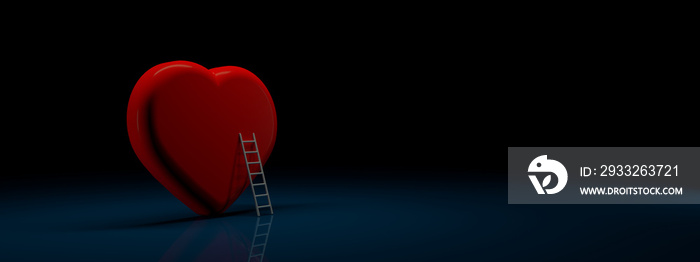 Ladder leading to a heart, symbol of love and stair over dark blue background, 3d render, Valentine