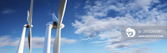 蓝天白云上的能源风力涡轮机