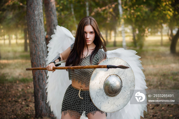 Portrait of a warrior woman in chain mail with steel bracers and wings behind her back. Standing in 